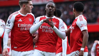 Excited Arsenal football players celebrating on the field during a match, wearing red and white jerseys with sponsor logos, showcasing team spirit and camaraderie.