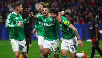 Soccer players celebrating after scoring a goal in a high-intensity match.