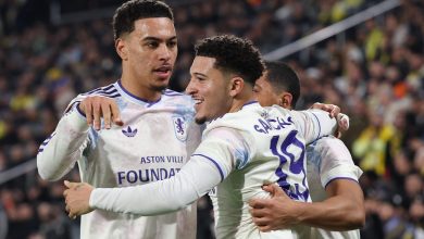 Soccer players from Aston Villa celebrate together on the field during a match, displaying excitement and teamwork. The players are wearing white kits with purple accents, amid a vibrant crowd in the background.