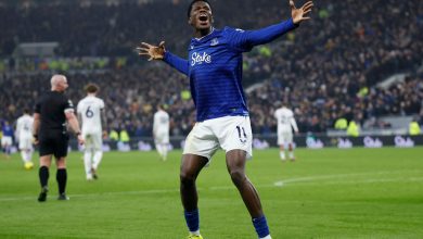 Dynamic soccer player in blue jersey expressing excitement during a match, crowd cheering in the background, sports action captured at a major football game.
