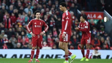 Liverpool football team, players in red kits during match, with fans and stadium in background.