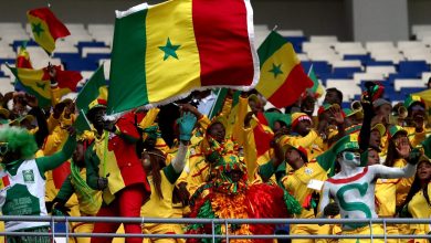 Senegal football fans waving flags, dressed in yellow, green, and red, rally together for their team at a stadium, embodying passion, patriotism, and team spirit.