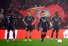 Football players in black jerseys celebrating on the field with a large flag in the background.