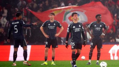 Football players in black jerseys celebrating on the field with a large flag in the background.